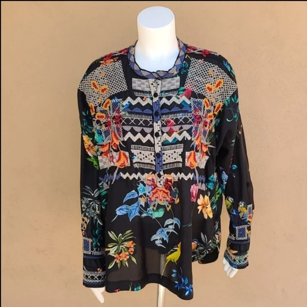 JOHNNY WAS BIYA ANTHRO Veda Embroidered Silk Blouse S M L Shirt Peasant Top Boho